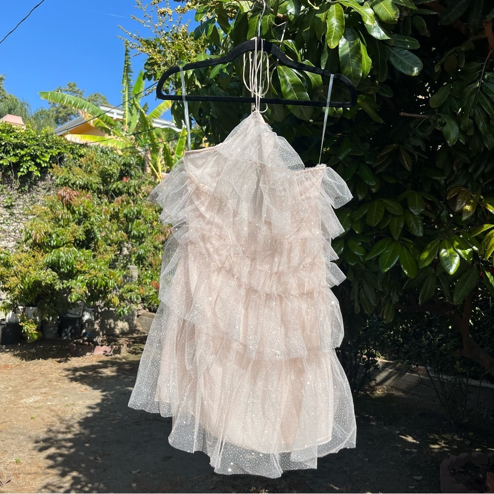 THE BAR peach nude blush pink sparkle glitter tulle ruffle halter mini‎ dress